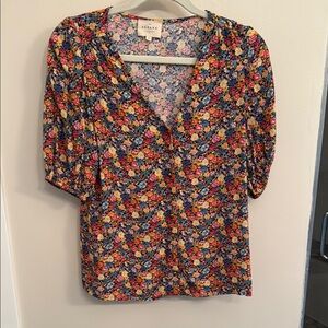 Sezane Orange and Red Puff Sleeve Blouse Fitted 3/4 Sleeve